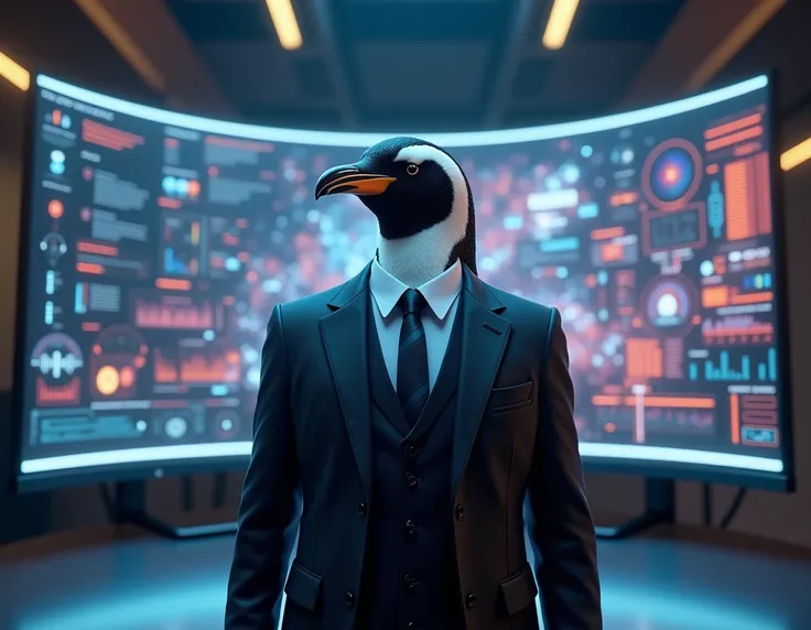 A penguin in a business suit, standing proudly in front of a futuristic computer screen, digital design elements in the background