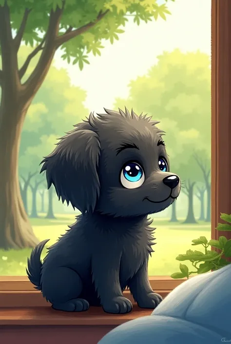 Create the illustration of a very cute little dog with only dark fur and blue eyes watching a park outside it seemed to be watching the trees 