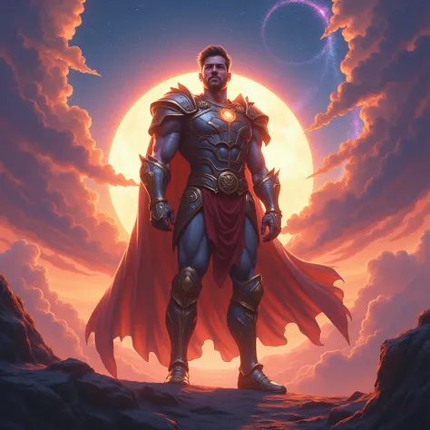 The Return of a Brilliant Hero.( background :a sunset,cosmic, Vivid colors ) beautiful,masterpiece, highest image quality ,colored elements ,lighting effects,detailed details,Strong Emotions,Fantasy world .