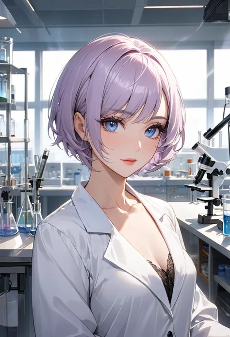 (( Best Quality)), (( Masterpiece)), ( Details), Young woman,  alone , (  small breasts, Light purple hair,  blue eyes , ((Short hair)) , Beautiful face, Beautiful skin, Long eyelashes, Thick eyelashes),milf,milf,Diffuse light, sexy, Elegant, ดวงตาที่มี De...