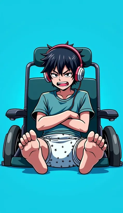 Boy 21 years old ,  In a Wheelchair,  black disheveled hair t-shirt,  pampers diapers with little stars, playera hunter x hunter gon,  retro headphones , angry face,  crossed arms , showing her feet,  anime style, 2d art.