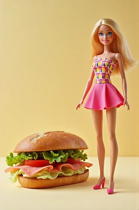 A Barbie that is next to a sandwich 