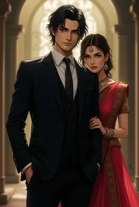 Stunning cunning handsome anime like man  serios man black suit in front, a beutiful  girl in indian  dress attrire in the back of the area
