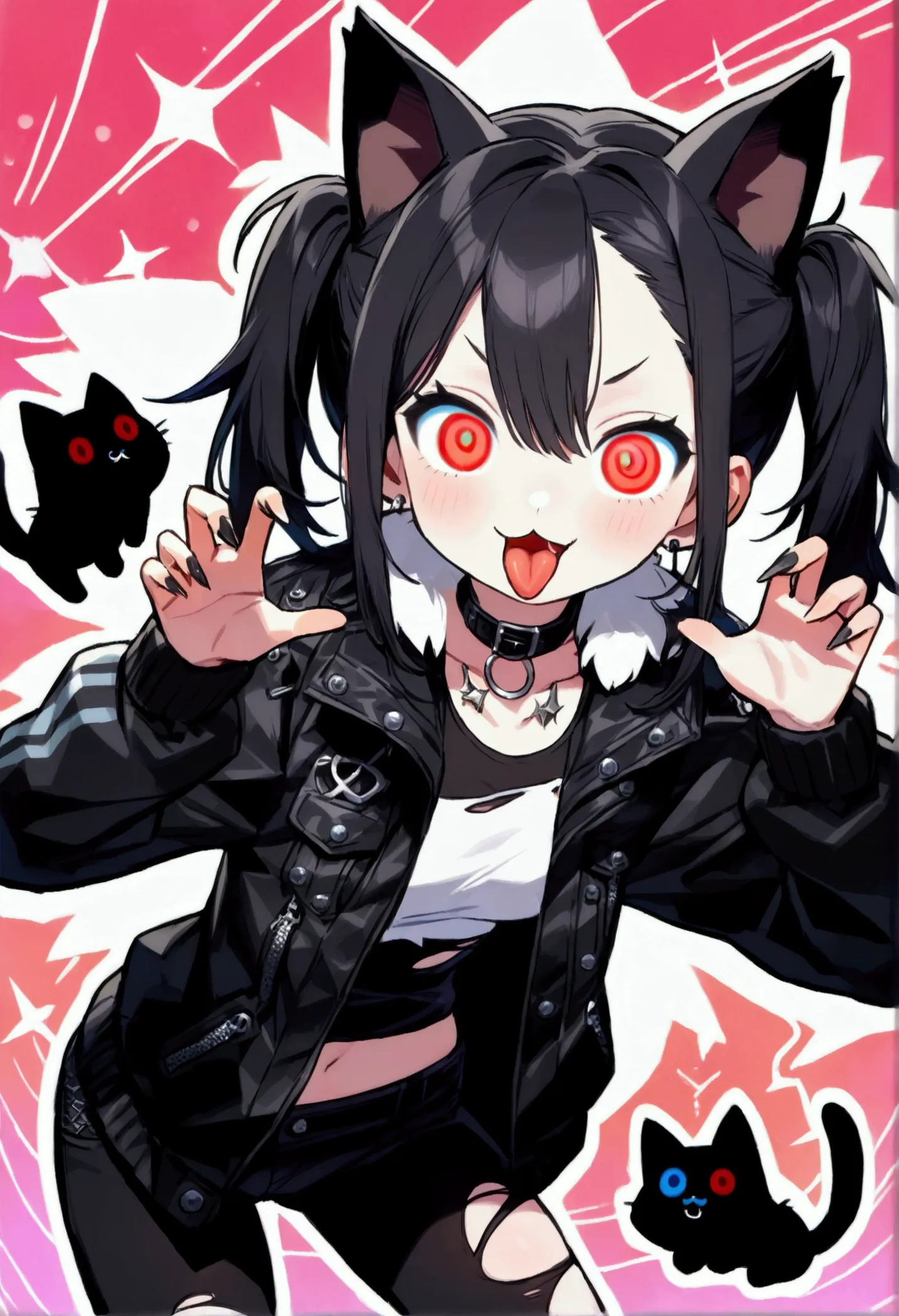 Alone, 1 girl\(cute, Cute, ( Evil Smiles ),(Black Hair:1),(Long Hair),( twin tail hair ),Pale skin, Skin color is blue, red eyes,  eyes are shining, (Big Eyes),(chest:1.4),( punk fashion:1.6),(Torn clothes:1.5),( tight tube top ),( tight hot pants),(The stomach is visible:0.8),( torn black short jacket :1.4),(Fluffy black cat ears:1.4),(anatomically correct:1.5, whole body, whole body,  oblique camera angle, Three-dimensional,  dynamic pose, Aerial, anatomically correct:1.5, stick out your tongue , Stick your tongue out,  mischievous expression ),(cute pose),  spiral wash eyes, spiral eyes,bang\), break ,background\(outside, Noisy city:1.3, Backstreet:1.3, Narrow Street,  neon light, At night:1.5\), break ,quality\(8k, several people having fun with each other while having very detailed CGユニットのwallpaper, ​masterpiece,  Hi-Res, top-quality, top-quality real texture skin,  super real ,  Increase Resolution ,  RAW photos from the last century, best quality,  several people having fun with each other while having very detailed , wallpaper, Golden Ratio\),( close:1.0)