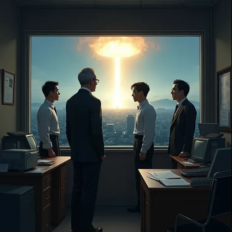 " The city of Nagasaki moments before the second atomic explosion,  with Yamaguchi inside an office , talking to his colleagues ,  a bright flash illuminating the window behind him ."