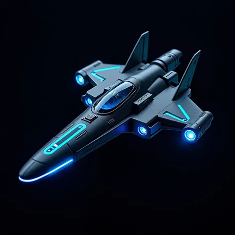 A futuristic toy spaceship with a glossy black finish and glowing blue accents is hovering in space. The cockpit is visible through a clear plastic dome, and the ships engines emit a soft, pulsing light. The ships retractable wings and built-in laser canno...