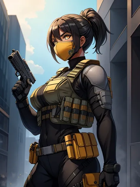 11:18:19 (masterpiece:1.2), best quality, high resolution, unity 8k wallpaper, (illustration:0.8), 1girl, solo, a woman in her mid-twenties, yellow eyes, tan-bronze skin, short black hair BREAK (Wearing: Metallic muzzle covering mouth, Gray tactical suit, ...