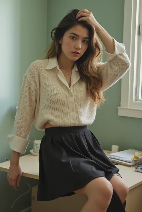 analog film photo solo, tstyle, realistic, ((woman)), (((black and blond ombre hair))), (((grin512:1.2))), ((Pleated skirt with sweater or blouse)), ((Tidy office background)), ((dynamic pose)), PA7_Human-Likeness, PA7_Photo, high detailed, 8k, clear facia...