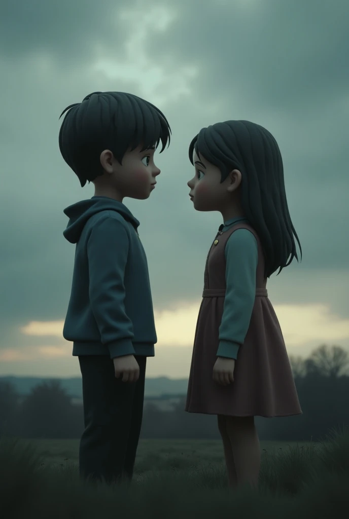 Here is the 3D-rendered emotional scene of a boy and a girl under a clouded sky. Let me know if youd like any adjustments.

