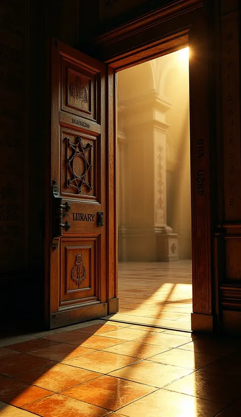 A dramatic view of the Vatican Library entrance, showing a massive, intricately carved wooden door with ancient Latin inscriptions and heavy iron locks. Dim golden light spills onto the polished marble floor, creating long shadows, while faint symbols glow...