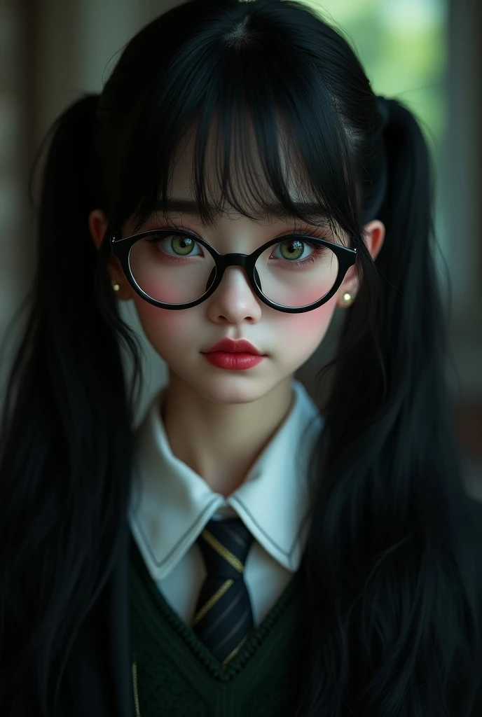 A girl,  long black hair ,  combed with two pigtails, Thick paste lenses ,  pale white skin , green and blue eyes, round face,  small nose ,  big lips,  small mouth , in a library, en hogwarts, Harry Potter clothes, ultra realistic, ultra detailed, dark ma...