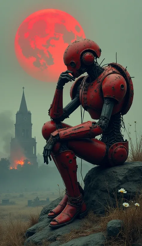 wasteland，A very poor old mech sitting on a rock thinking，Thinker，Hand on cheek，(Sitting:1.2)，rust，Wearing tattered red armor，The skyline in the distance，Gothic，moss，A small white flower，Cemetery，Gothic church，Blood red moon，Gothic elements，wildfires，cold，...