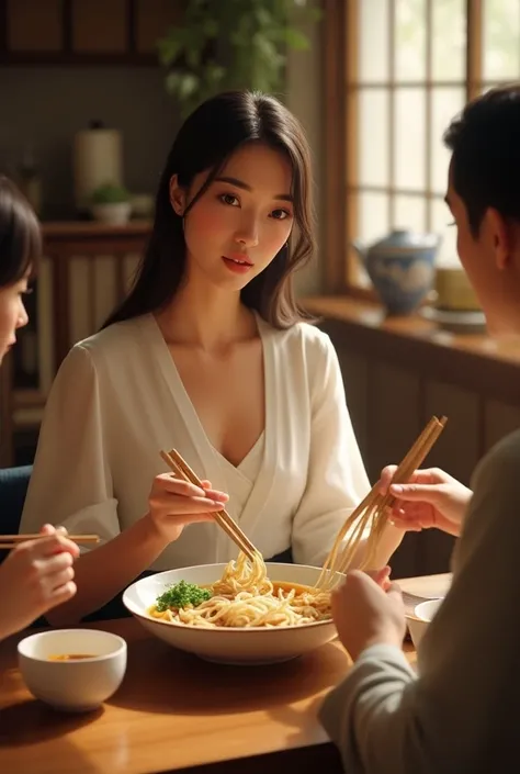 Femme européenne qui mange soba avec sa famille