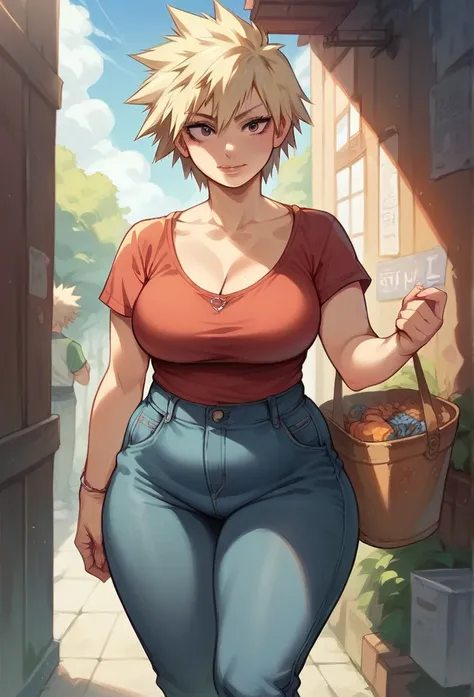 cute detailed face, mitsuki bakugo, curvy waist, large breasts, wide hips, chubby, casual clothes