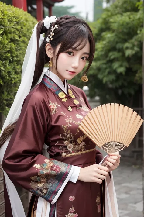 gender:Women Hairstyles:Half up hair color : brown Chinese clothes holding a fan in her hand