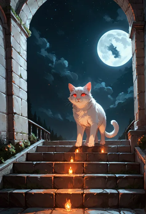 score_9, score_8_up, score_7, there is a fat white cat walking on spiraling black stairs, of a  medieval tower,  the cat has red glowing eyes, it is night time, there is a crescent moon and stars highres, best quality, high details, 16K, ultra detailed, ma...