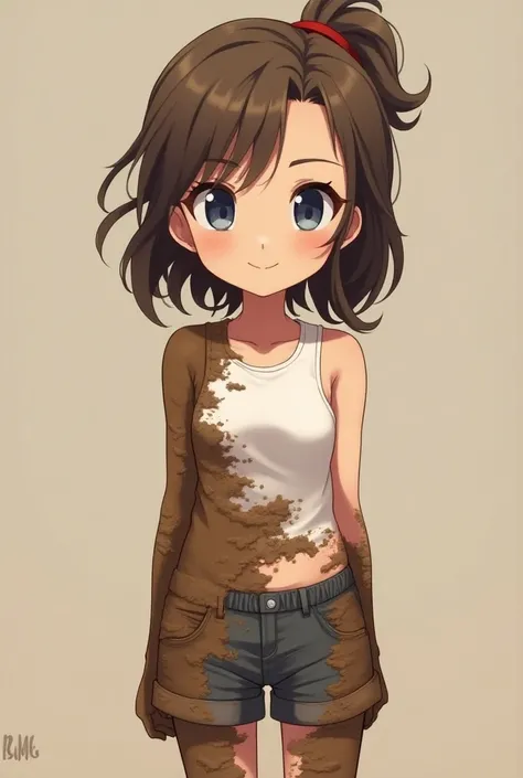 girl, 19 years old, dark blue eyes, energetic and lively smile ,  is completely made of brown mud,  white sleeveless shirt, grey shorts , her whole body is made of mud ,  anime style