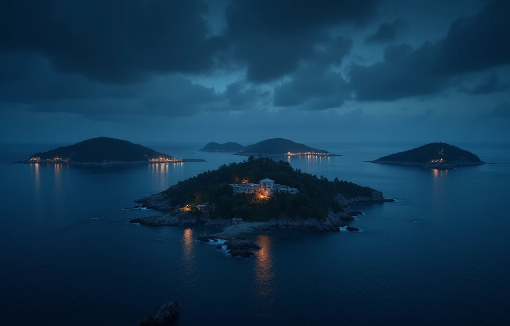  create an archipelago with four separate islands at night,  with different sizes and that appear equally in the image, with an apparent village in just one of them