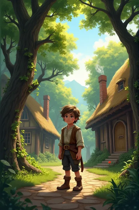  boy wearing mediaeval-style clothes living in a village surrounded by dense forest 