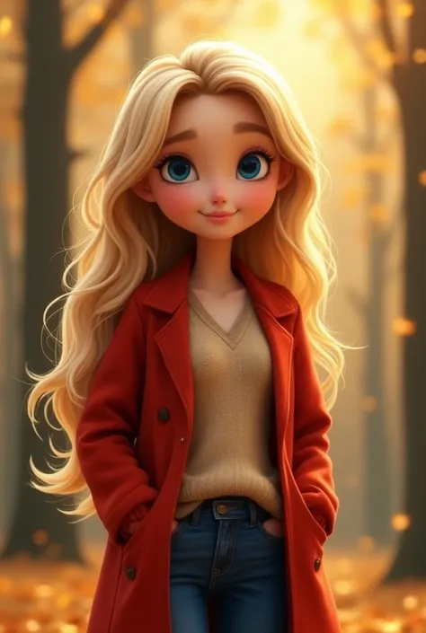 Create Pixar style image of a petite blonde , grands yeux bleues,  round face. long hair.  She is wearing blue slim jeans and a beige wool sweater. She has a red coat