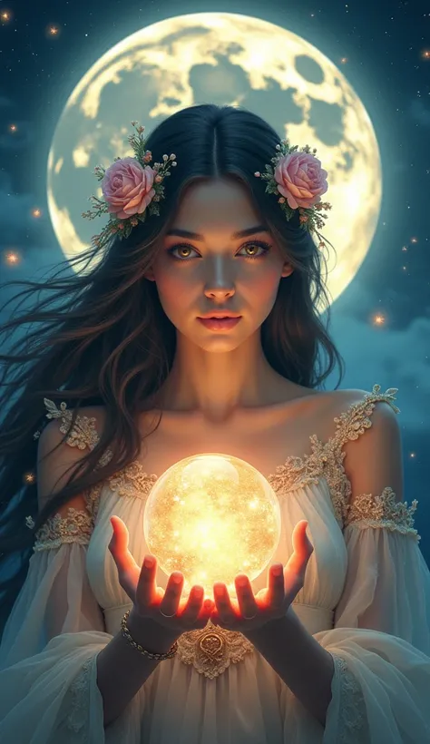 A mystical, ethereal portrait of a young woman holding a glowing crystal orb, as if she possesses the universe within her hands. Her eyes are vibrant, staring intensely, with cosmic reflections, and her hair flows softly around her adorned with delicate fl...