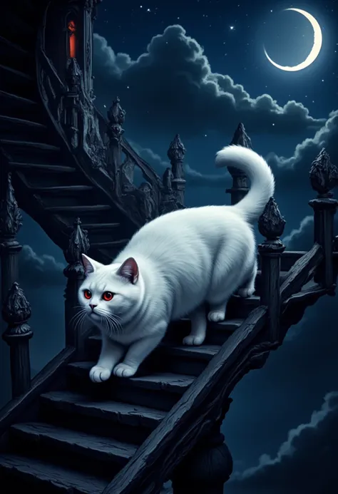 score_9, score_8_up, score_7, there is a fat white cat walking on spiraling black stairs, of a  medieval tower,  the cat has red...