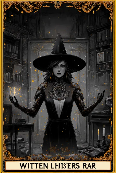 A black and gold tarot card，A high resolution, create a scene that depicts a modern-day witch who has embraced the world of cybernetics to enhance her magical abilities. The artwork should convey the enchanting blend of traditional witchcraft and futuristi...