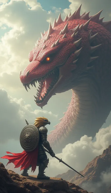 a warrior named Zed hybrid of godzilla and eagle head wearing armor, holding spear and shield. warrior named Zed fights a giant red snake wearing armor. on the clouds of heaven