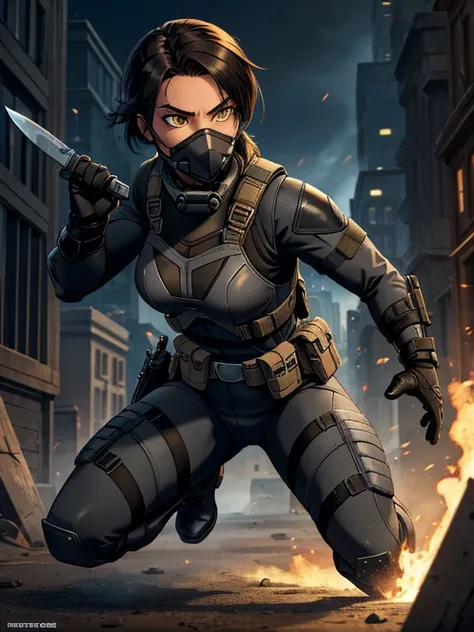 (masterpiece:1.2), best quality, high resolution, unity 8k wallpaper, (illustration:0.8), 1girl, solo, a woman in her mid-twenties, yellow eyes, tan-bronze skin, short black hair BREAK (Wearing: Metallic muzzle covering mouth, Gray tactical suit, bulletpro...