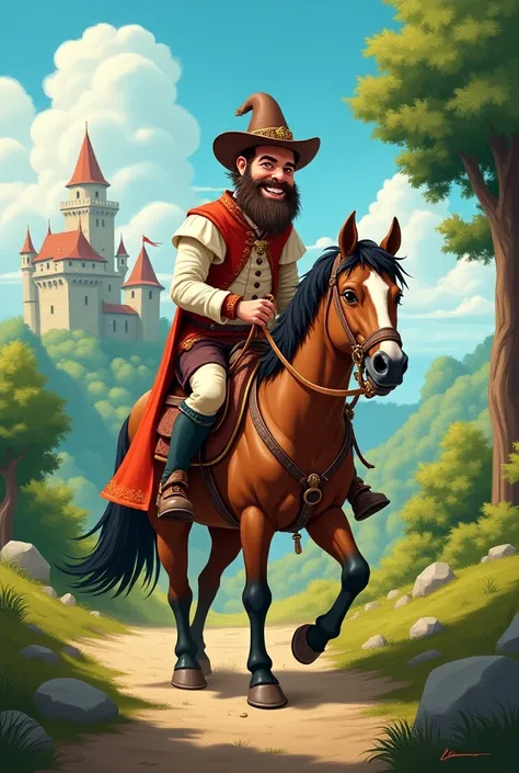  draws a gentleman riding his horse in cartoon style, Very funny , Context:  medieval fantasy 