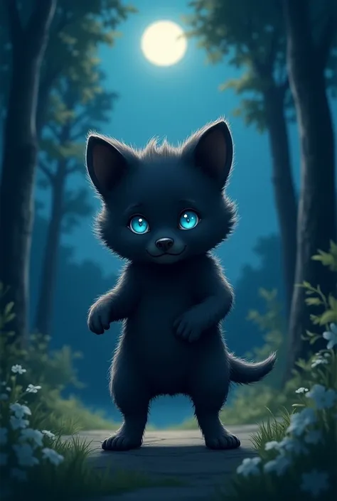 Create an illustration of a very cute puppy with only dark hair and blue eyes walked on its back during the night, in a park