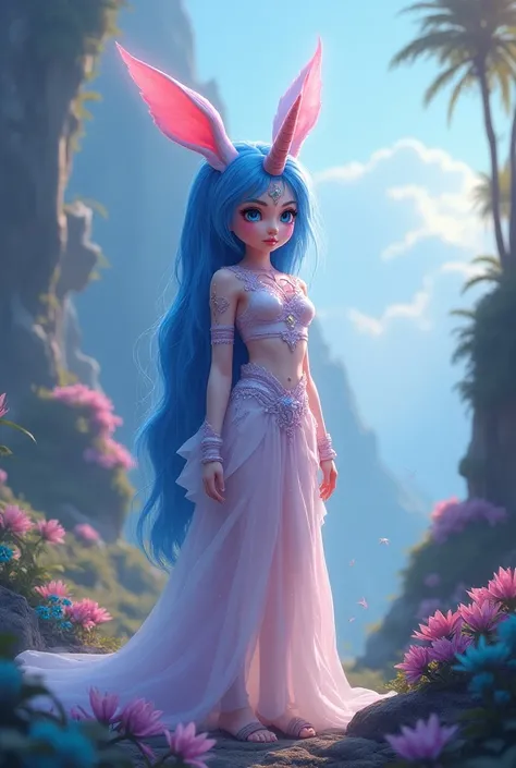  girl half unicorn half rabbit with blue hair are pink,  blue eyes , Princess and defender from another world 