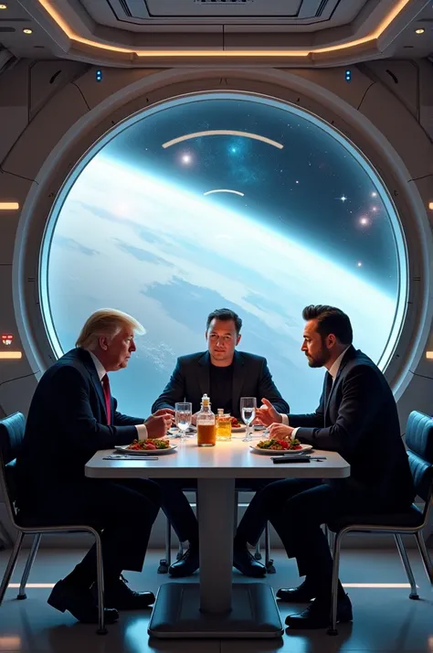 [Close up] ( realistic:2.1) (Super accurate Donald Trump:1.2) (super accurate Elon musk:1.2) ( super accurate Joe Rogan:1.2) in a space station sitting at a lunch room table, no extra finger. Big space station windows, nebula can be seen