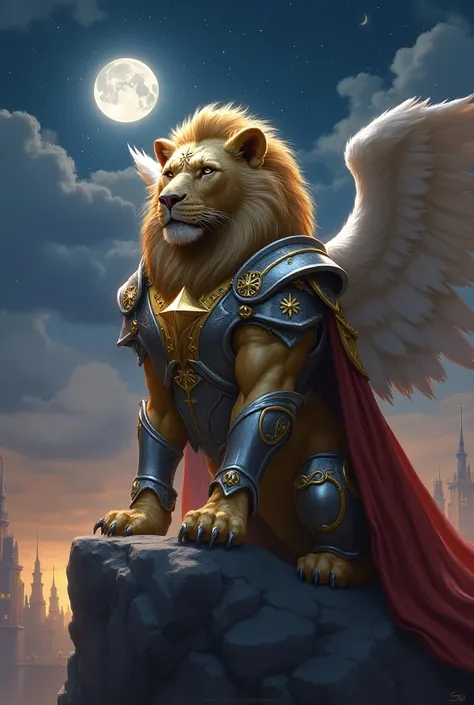  Create a majestic lion with a muscular and strong body ,  powerful white angel wings on the back ,  and a gold mask with glass visor on the head .  The silver armor with titanium flakes should cover the torso and arms .  The eyes must shine like stars and...