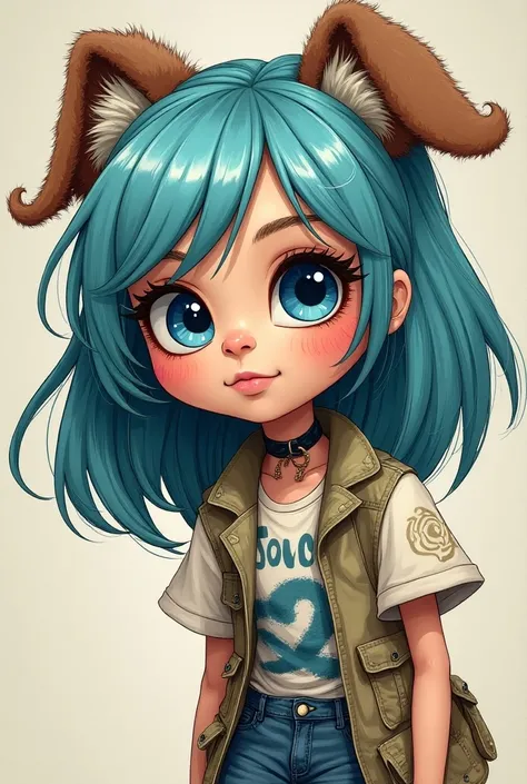 A girl with beautiful blue button eyes street dog painted shoulder-length hair in comic style and she is wearing skater clothes in addition, Paula Pudding is written there in graphite script