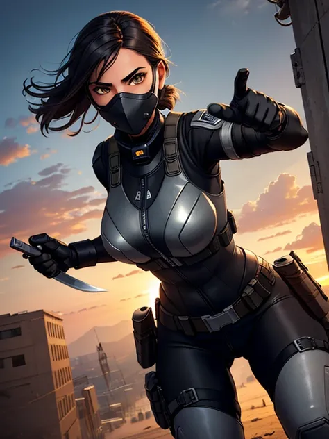 (masterpiece:1.2), best quality, high resolution, unity 8k wallpaper, (illustration:0.8), 1girl, solo, a woman in her mid-twenties, yellow eyes, tan-bronze skin, short black hair BREAK (Wearing: Metallic muzzle covering mouth, Gray tactical suit, bulletpro...