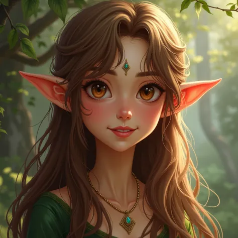 Half elf girl with light brown hair and hazel eye 