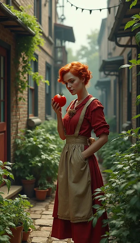 1920s，A very poor red-haired Victorian domestic worker, In the backyard of a small Victorian working class apartment，Wearing a tattered red maid costume，She ate a ripe, juicy tomato，While tending to the vegetable garden, Extremely detailed and complex, Bok...