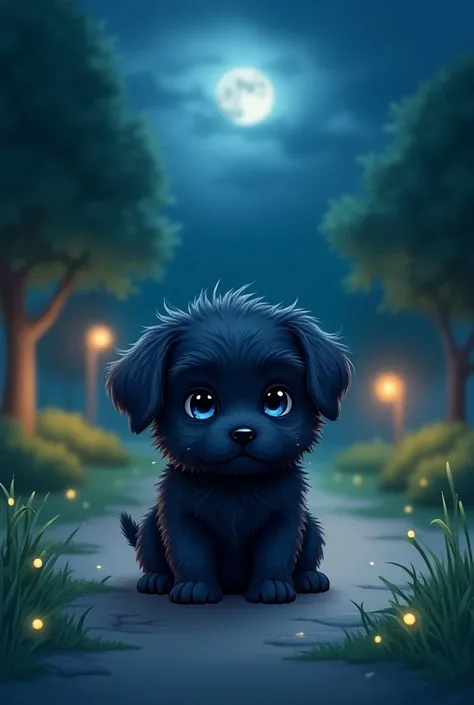 Create an illustration of a very cute puppy with only dark fur and blue eyes leaving a park during the night ( A cute little dog)