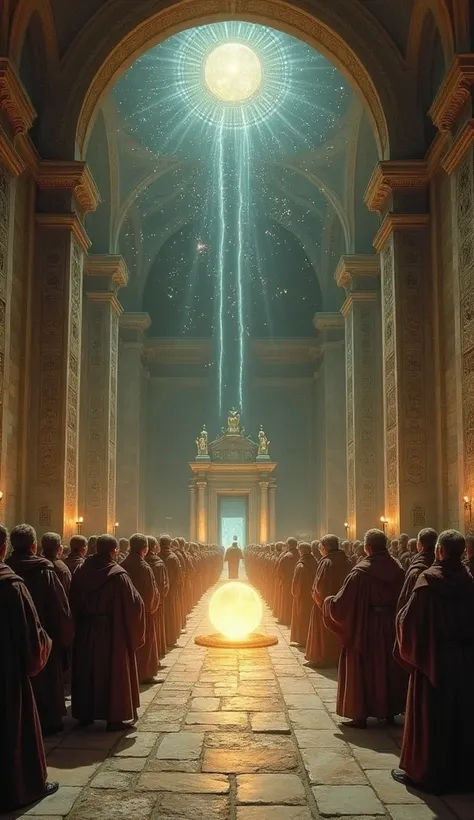 A stunning, detailed painting depicting an ancient council inside a grand cathedral-like chamber deep within the Vatican, where robed figures huddle around a glowing artifact resembling a crystalline orb. The orb emits a soft, ethereal light, projecting al...