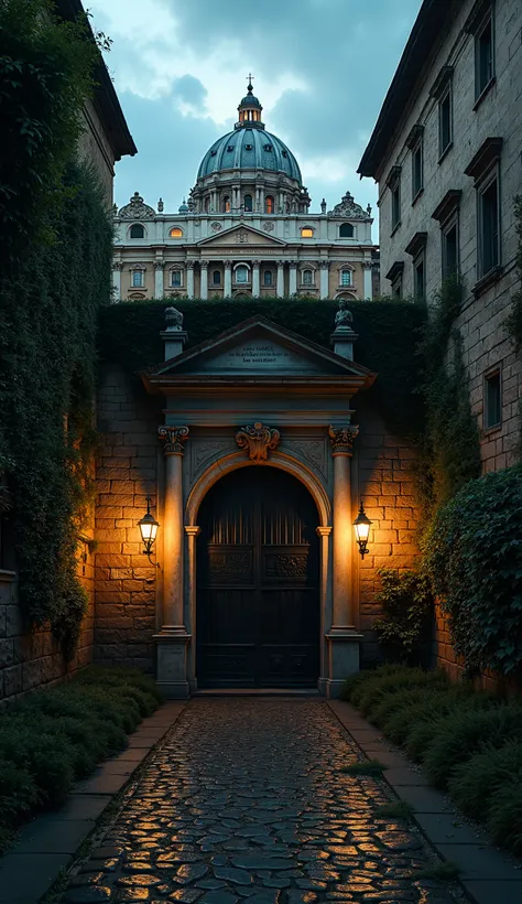 A grand, imposing aerial view of Vatican City under the twilight sky, showcasing the massive St. Peter’s Basilica and surrounding ancient stone walls. The camera slowly pans down into a dark, shadowy entrance hidden beneath centuries-old ivy, leading under...