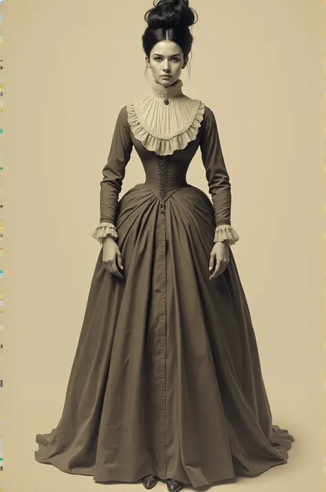  Full-body front image of a detailed sepia image of a 48-year-old woman with upturned black hair who wears elegant clothes and shoes from 1850 and has a serious expression