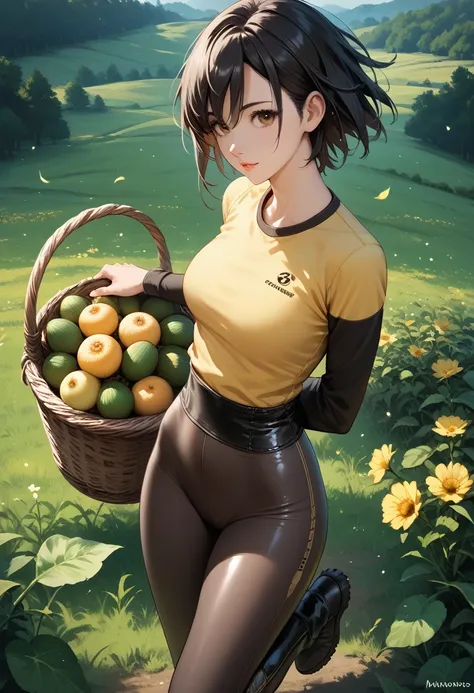 2.5D anime style, up view, dynamic pose, anime woman with a basket of muskmelons in a field of green plants, black hair, brown eyes, short yellow tshirt, black tight long sleeves, high waist brown yoga leggings, dark grey leather boots, made with anime pai...