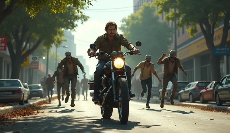 A man on motorcycle in  street and  Quora trees around and zombies chasing him
