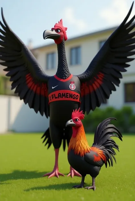 A 3D rendering of a large black vulture with bright red accents wearing a Flamengo jersey standing with wings spread over a rooster wearing an Atlético Mineiro jersey. The vulture is standing on a green lawn. The background contains a white building with s...