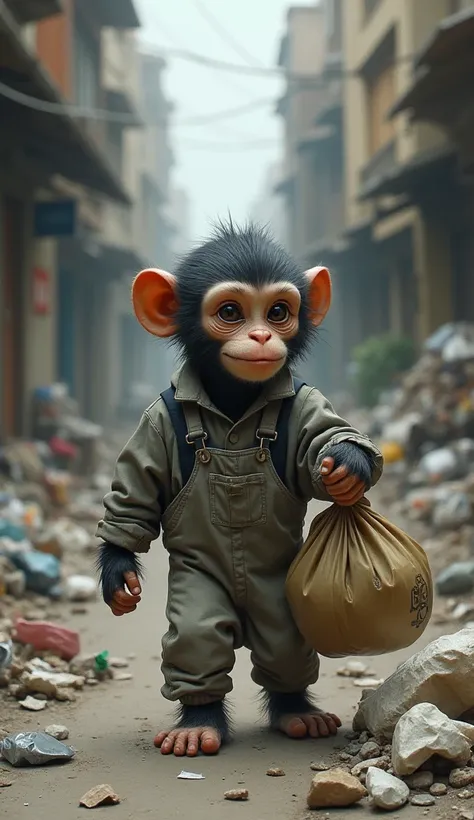 (personification:1.3)，(Very poor monkey)，Dressed in rags(Gray baseball jacket:1.3)and(Overalls)，(Tattered cloth shoes)，Dragging a bag taller than himself，Little monkey standing in the city street，The ground was piled with garbage and bottles，Original paint...