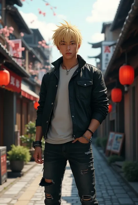 japanese man in his 20s, blonde, badass, japanese town background