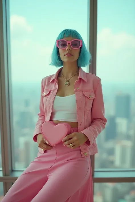 vintage photography of a man as a ((phoenix tamer)) with ((a-line bob haircut)) wearing (retro 70s clothes),dressed in blue fringe haircut,pink sunglasses,pink denim jacket,white tank top,pink skirt,pink heart-shaped purse,high-rise view,glass window,moder...