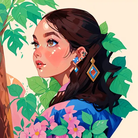 leafyPortrait, 1girl, solo, looking away, brown eyes, brown hair, earrings, parted lips, lips, portrait, hyperdetailed gouache painting, 2d illustration, flat shading, traditional media