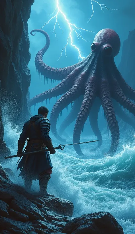 Design an intense image of a weathered medieval sailor wielding a harpoon as he faces a colossal octopus rising from turbulent waters near a rugged cliffside. Lightning cracks across a stormy sky, illuminating the sea spray and slick rocks. The sailor’s dr...